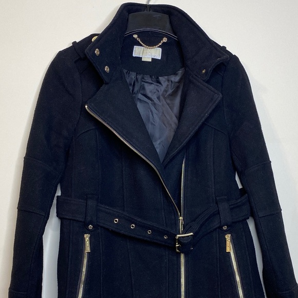 Michael Kors Black Belted Coat with Gold Accents Size M - Picture 2 of 10